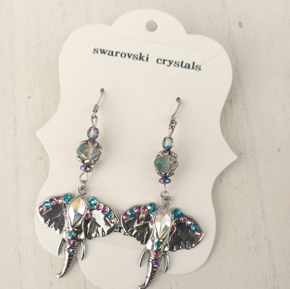 HP Elephant Metal Drop Earrings, With Real Crystals - Picture 5 of 7